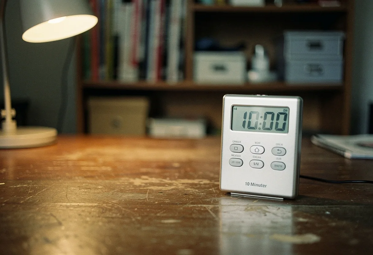 10 Minute Timer, worn wooden desk, soft diffused light, muted colors, productivity tool