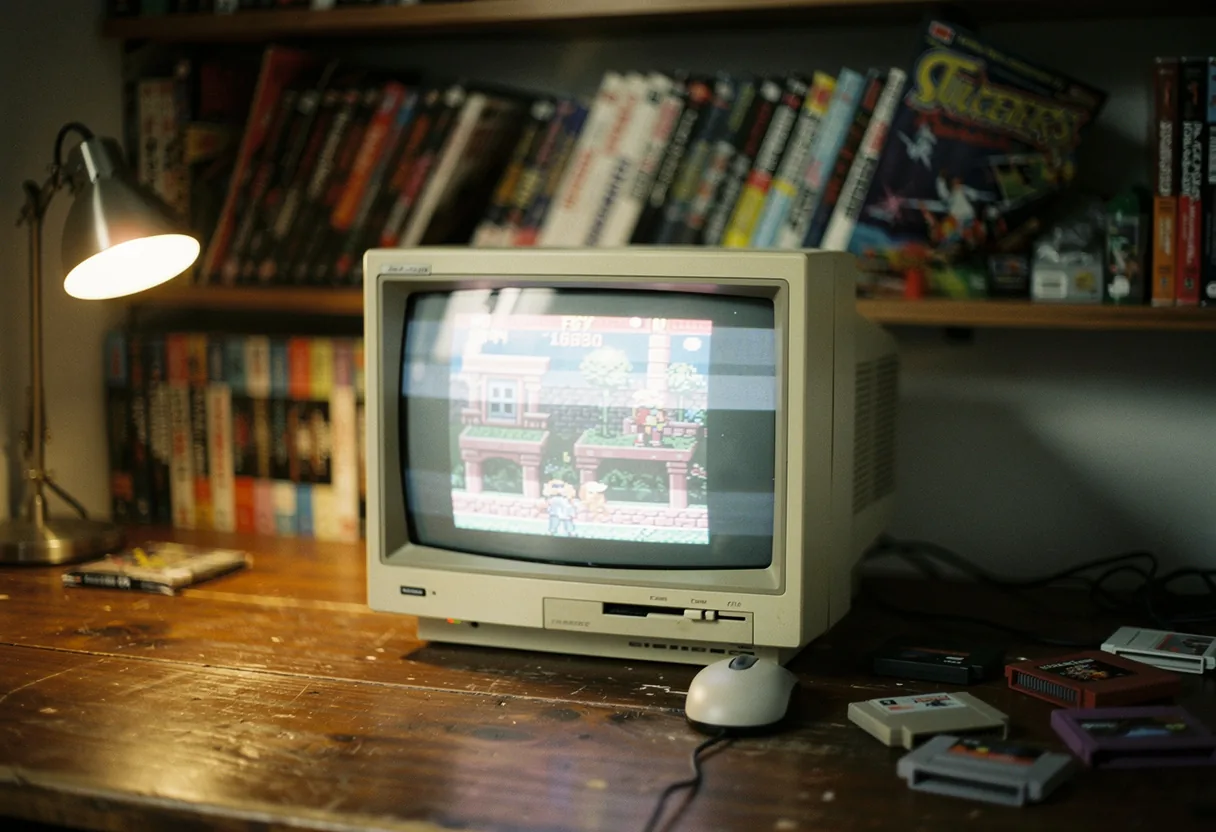 Vintage CRT monitor displaying pixelated 16-bit game graphics, nostalgic retro gaming scene.