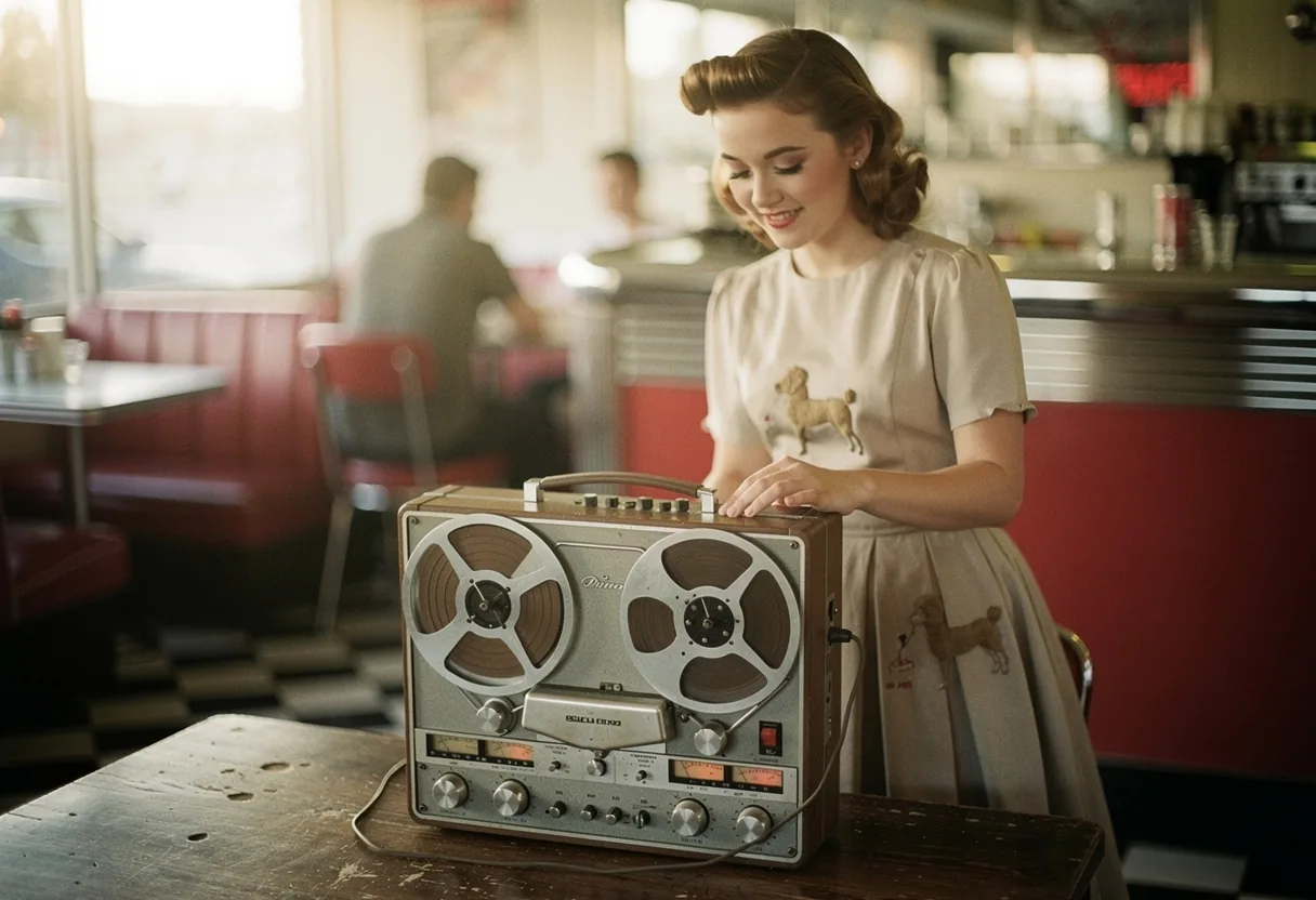 Vintage reel-to-reel tape recorder in soft, muted 1950s lighting. 1950s Music.