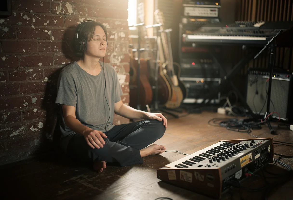 Person meditating on wooden floor under soft light, DNA repair tone concept." (Note: The topic is included in the ALT t