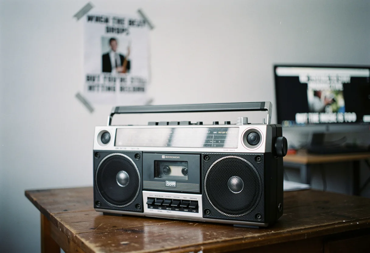 Vintage boombox on a muted, diffused background, symbolizing modern internet sarcasm.