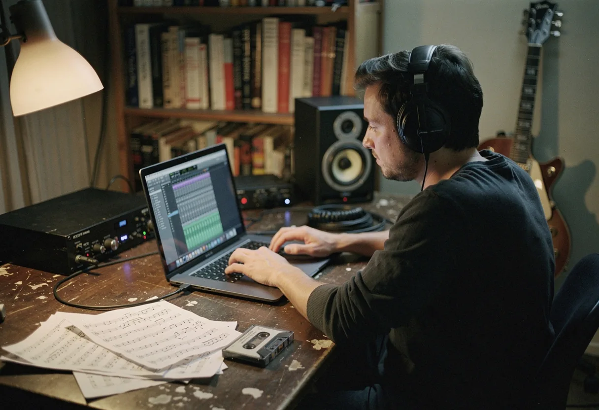 Creator reviews audio tracks at cluttered desk, headphones on, soft lighting. Copyright free tune guide.