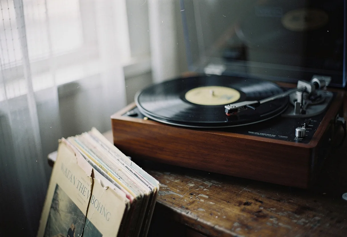 Vintage record player on worn wooden table, soft diffused light, muted colors. Free legal music.