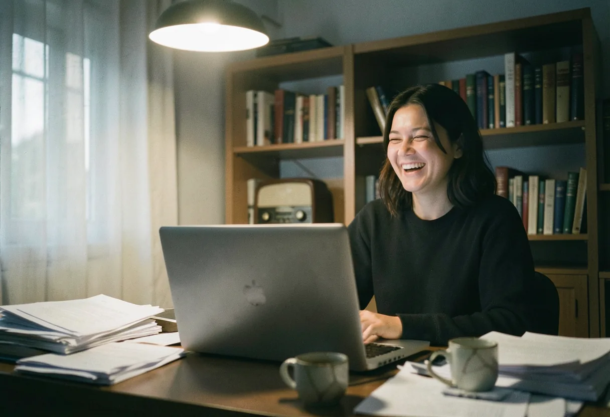 Cluttered desk with papers, half-drunk coffee cup, muted colors. Funny GIFs tutorial.