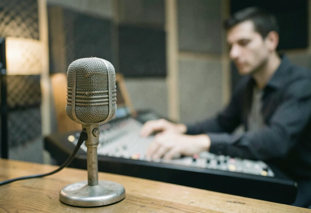 Vintage microphone with muted colors, soft lighting, and worn fabric cover. Red GIFs.