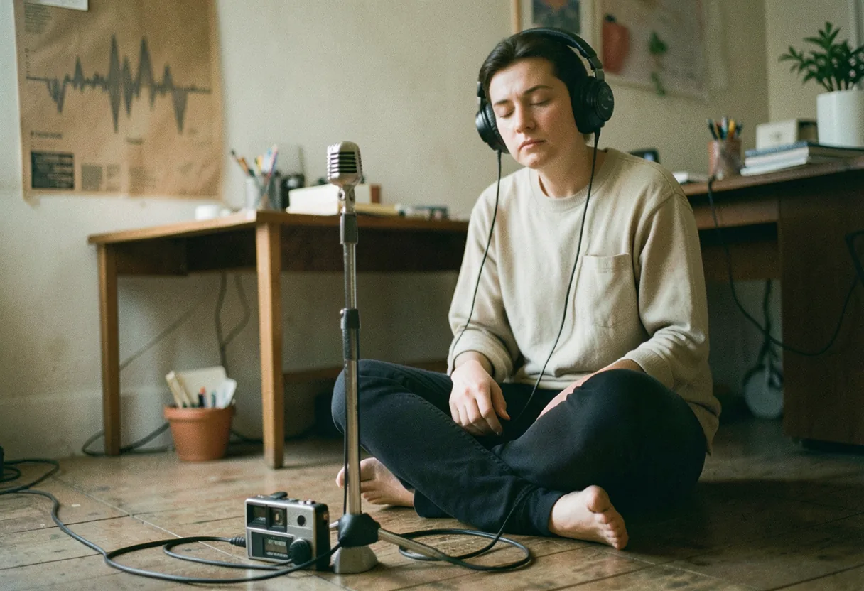 A person meditating with headphones, green noise, serene atmosphere, muted colors, vintage aesthetic.