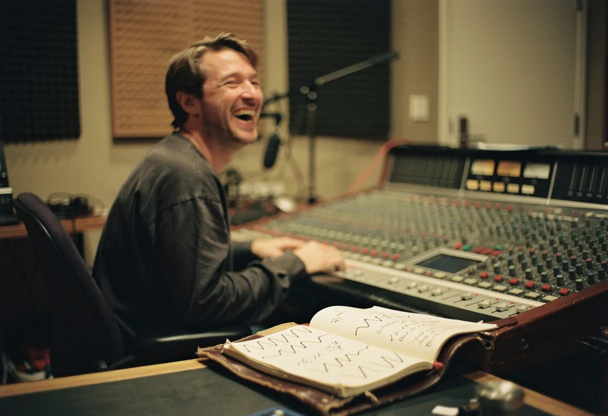 Person laughing at vintage mixing desk, audio-driven humor memes.