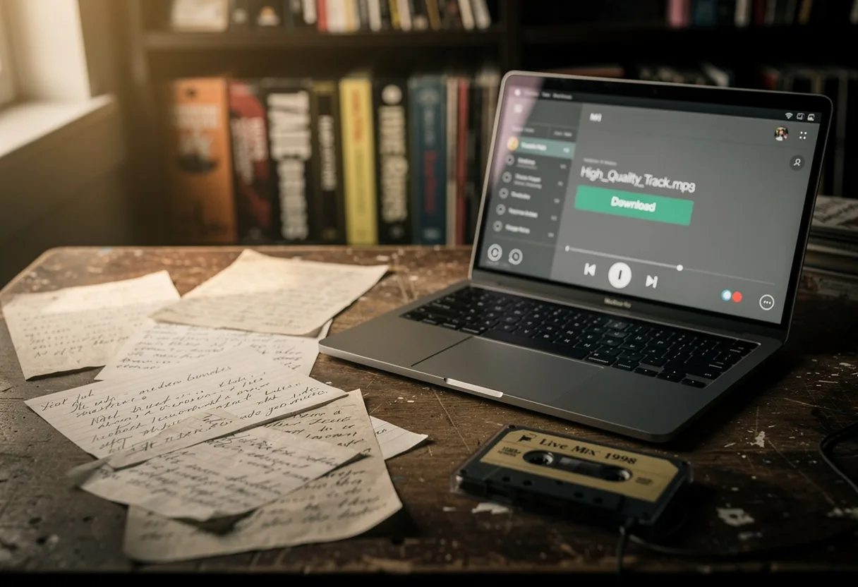 Cluttered wooden desk with scattered MP3s, muted lighting, film photograph aesthetic.