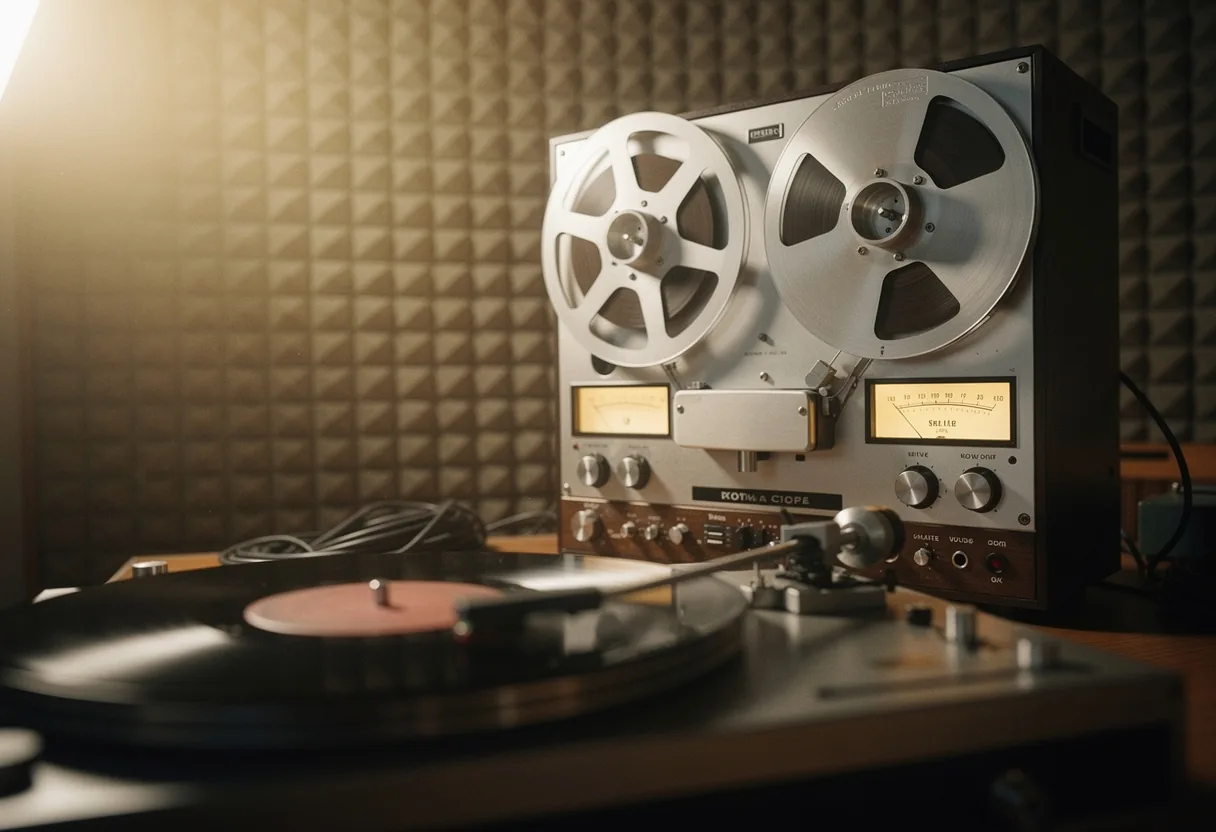 Vintage studio with tape machine, muted colors, soft lighting, royalty free music.