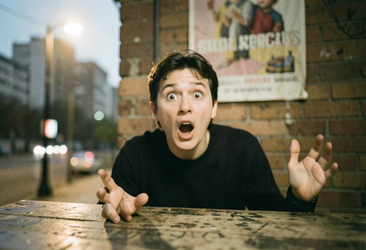 A person with wide eyes in exaggerated shock, muted colors, film photograph aesthetic. Shocked meme.