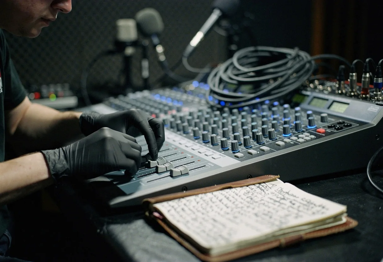 Sound technician's gloved hands adjusting equipment, muted colors, soft lighting. Sound Boarding Explained.