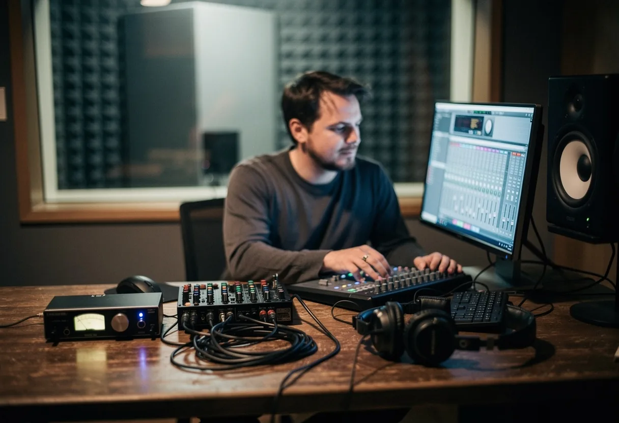 Sound engineer adjusting digital audio mixer in recording studio, music integration.