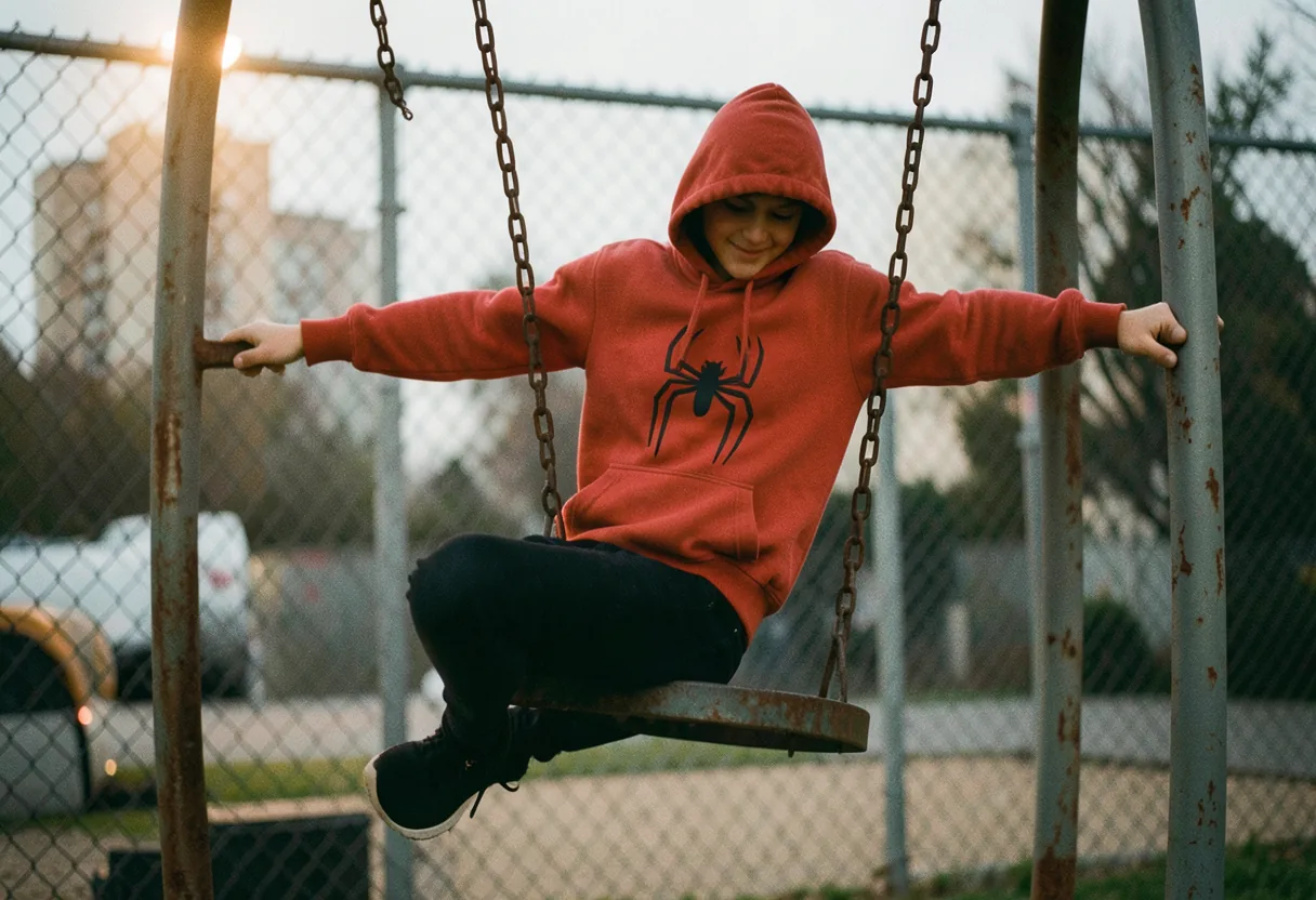 Teenager mid-swing in playground, muted colors, cultural impact audio trends.