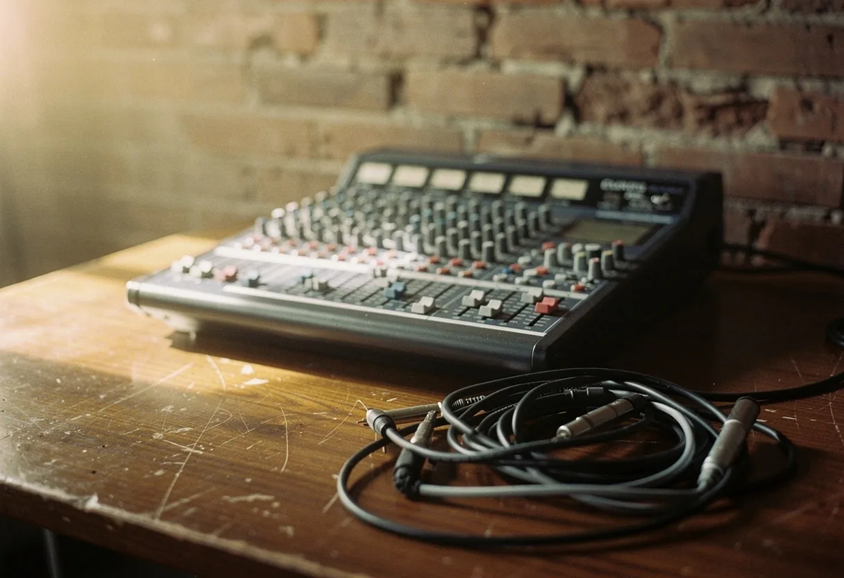 Vintage soundboard on worn wooden table, soft diffused lighting, muted colors, knobs visible.